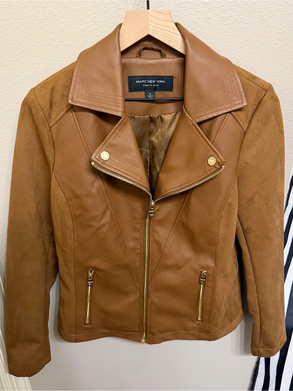 Marc New York Camel Brown Faux Leather & Suede Moto Jacket